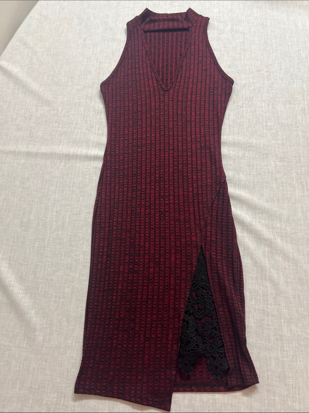 🌞 Papaya maroon sleeveless bodycon dress black lace slit Made in USA women M